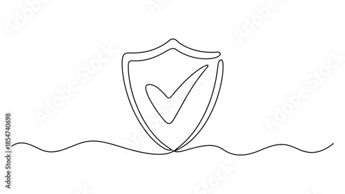 minimal shield checkmark line illustration representing security protection, verified safety concept, trust assurance, data privacy, insurance coverage and approval symbol on white background 