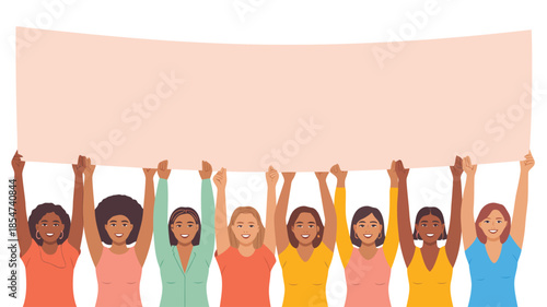 Eight cheerful women from various backgrounds unitedly hold up a large blank banner together
