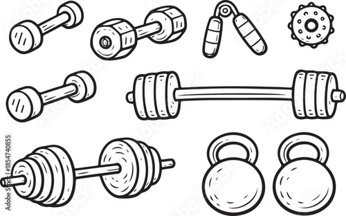 Set dumbbells. Hand drawn doodle illustration. Heavy sports equipment for strength training in gym. Muscle building. Kettlebell, barbell, expander line art black and white vector art line art 
