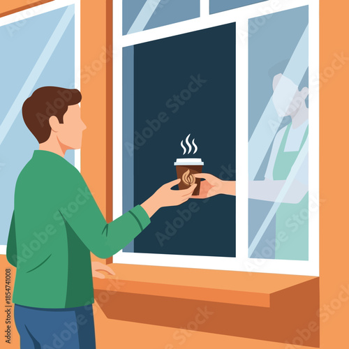 Enjoying fresh takeout coffee at the window on a busy morning street