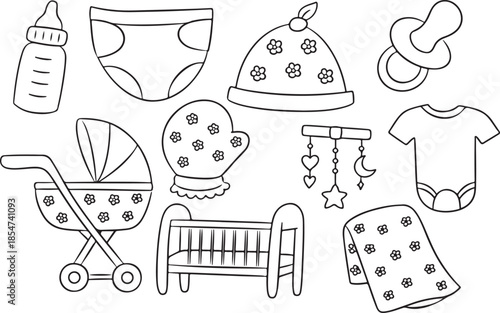 Hand drawn Baby Essentials Outline Icons Minimal Line Art  vector art and illustration line art black and white  blank background 