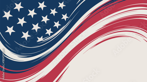 Elegant wavy lines with stars create a sophisticated patriotic American flag design with smooth curves