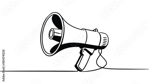  Minimal megaphone line art illustration isolated on white background, continuous line loudspeaker announcement and marketing concept symbol for communication, promotion, news and design use