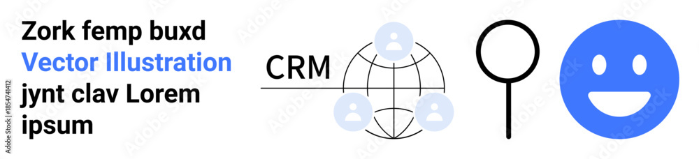 Fototapeta premium Marketing, customer engagement, CRM platforms, global networks, user search, communication. A network structure with CRM text, magnifying glass and smiling blue face. CRM and global networks concept