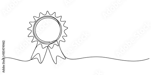 Elegant continuous one line drawing of a classic ribbon award rosette symbolizing achievement and victory vector, one continuous line art  award badge, award badge line drawing, medal with ribbon.