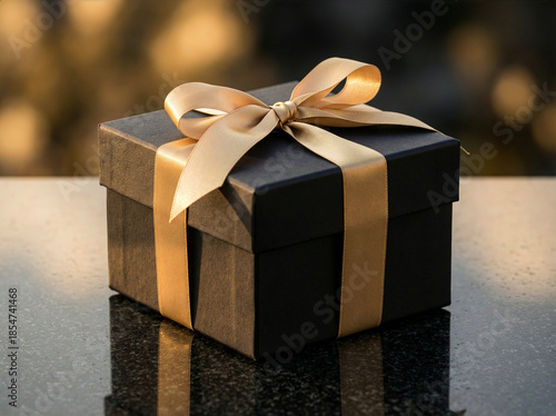 Minimal luxury black gift box with gold ribbon on dark reflective surface