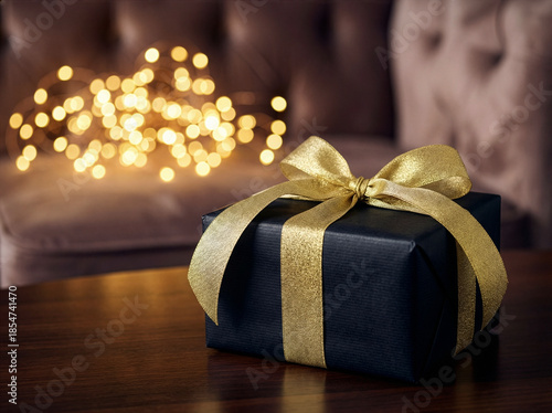 Elegant black gift box with gold ribbon on wooden table and warm festive lights