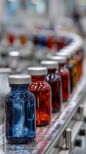 Visual quality control of medicine bottles on a modern pharmaceutical factory line, white and bright environment emphasizing precision, safety, hygiene, and regulatory compliance.
