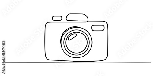 camera in continuous one continuous line art, Vector illustration, One line art, Line art graphic style, Continuous one line drawing of a digital photo camera or SLR camera. Drawing of a lens with pro