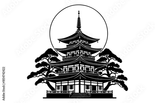 Black and white illustration of a traditional Japanese pagoda with pine trees and a sun or moon disk behind it