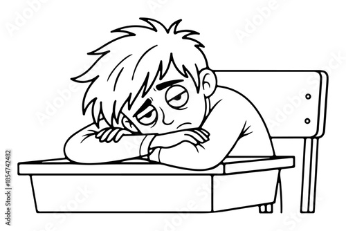 Tired student resting head on desk, feeling exhausted and bored in classroom during a dull lesson or studying session