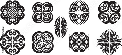 Tribal designs collection featuring various patterns and illustrations in black and white