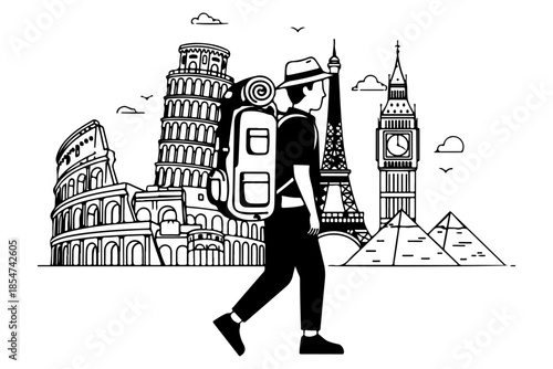 Illustration of a backpacker on a global adventure, passing iconic world landmarks. Represents wanderlust, exploration, and international travel