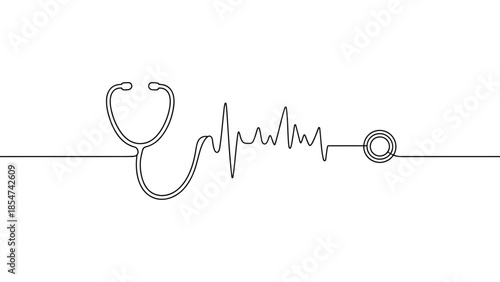  Minimal stethoscope and heartbeat line art illustration isolated on white background, continuous line medical pulse symbol for healthcare, cardiology, hospital, logo and design use