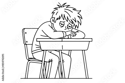 Tired student slumped over desk with eyes closed, feeling exhausted and drained in a classroom setting