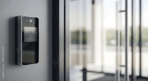 Modern face recognition scanner mounted on a wall beside a glass office door representing advanced security concept and digital access