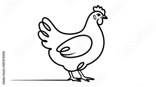 Minimal chicken line art illustration isolated on white background, simple hand drawn farm hen outline icon for agriculture, poultry farming, logo, coloring and design use