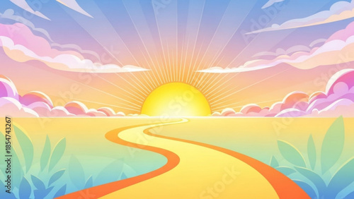 Vibrant cartoon landscape with winding road leading to sunny horizon, fluffy clouds, and leafy plants under colorful sky