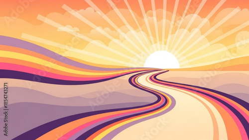 Vibrant desert road winds towards a bright sunny horizon with colorful stripes at sunset, a serene and peaceful landscape