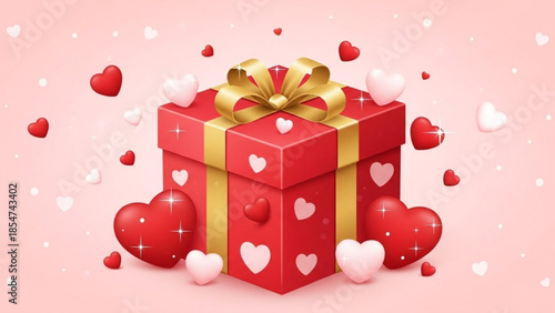 Valentine's day gift box with gold ribbon and hearts floating around it on pink background, symbolizing love and romance