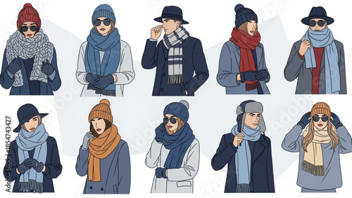 Nine fashionably dressed people wearing various winter hats, scarves, and sunglasses in different poses and outfits on white background