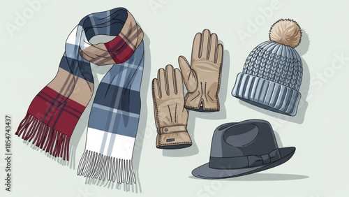 Colorful plaid scarf, leather gloves, blue knit hat with pompom and gray fedora hat on white background, winter clothing accessories