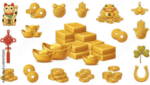 Golden treasures and lucky charms including cat, frog, coins, bars, and four leaf clover on white background for prosperity and wealth concept