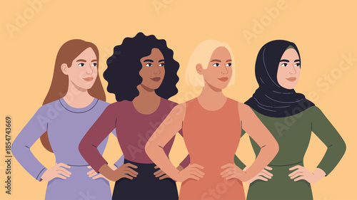 Four confident diverse women stand together with hands on hips portraying strength and unity