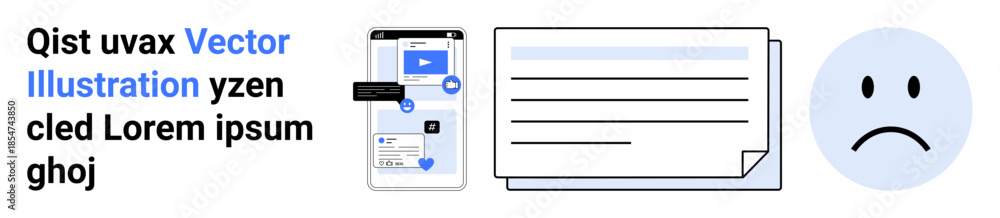 Fototapeta premium Digital communication, user interface, mobile messaging, customer feedback, tech support, UX design. Smartphone with chat icons and sad face emotion. Digital communication and user interface concept