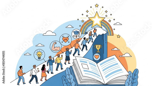 People walking up a path towards a rainbow with a star, book, and trophy, symbolizing education, achievement, and success