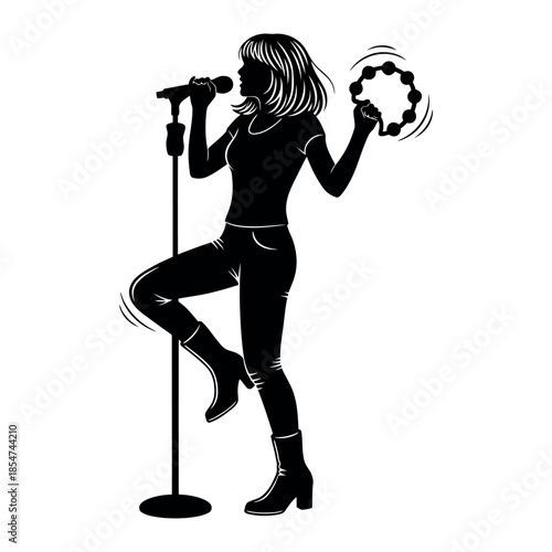 Energetic female singer in black silhouette performs on a white backdrop