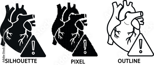 Three heart health warning icons in vector silhouette outline and pixel styles