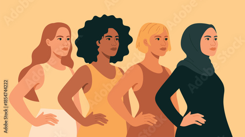 Four diverse women standing confidently together looking right with hands on hips