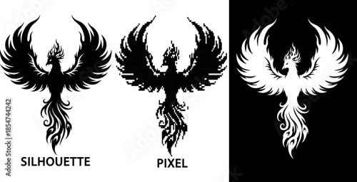 A striking black silhouette and pixel depicts a phoenix in mid ascent