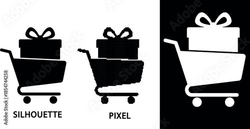 A flat black silhouette and pixel shopping cart icon with a large black gift box inside