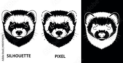 Front facing symmetrical silhouette and pixel of a ferret or pine marten head illustration