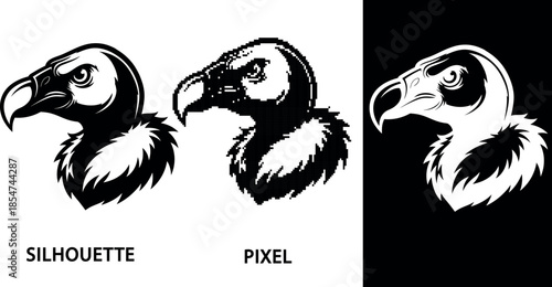 A striking black and white silhouette and pixel of a bird of prey design