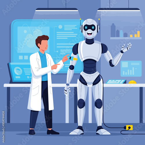 Scientist collaborating with humanoid robot in modern research lab