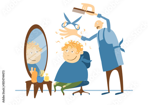 A barber giving a haircut to a smiling red-haired curly boy at the salon. Flat cartoon vector illustration.