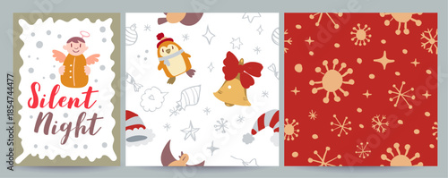 Vector set including 1 Christmas social media greeting card and 2 seamless holiday patterns with doodles. Festive, cozy and versatile for posts, banners, gift wrap, prints, textiles and seasonal desig