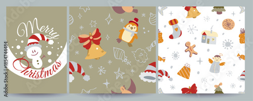 Vector set including 1 Christmas social media greeting card and 2 seamless holiday patterns with doodles. Festive, cozy and versatile for posts, banners, gift wrap, prints, textiles and seasonal desig