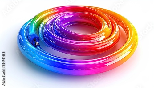 A coiled, rainbow-hued fluorescent light tube, isolated on white