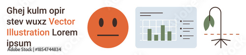 Economic struggles, financial analysis, downturn, sustainability, performance monitoring, business trends. Sad face, declining bar graph wilting plant visual. Financial analysis and economic