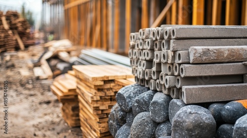 Professional grade building supplies including clay and concrete bricks, heavy-duty cement sacks, filtered masonry sand, sorted construction stones, prefabricated concrete sections, metal plumbing