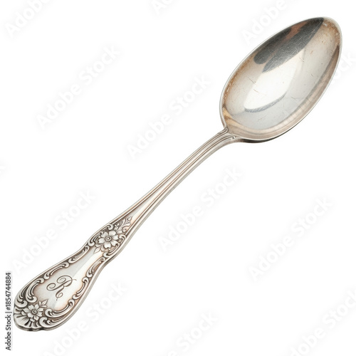 Ornate Silver Spoon with Floral Engraving and Monogram R