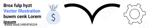 Money bag symbolizes financial aspects, curved arrow suggests direction or progress, gear represents mechanical or workflow elements. Ideal for finance, business, operations, development, automation