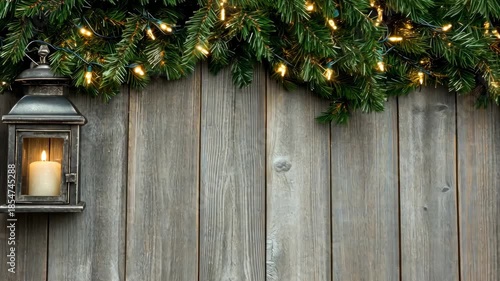 Soft glow of a candle illuminates a lantern adorned with greenery and festive lights on a rustic wooden fence during the holiday season