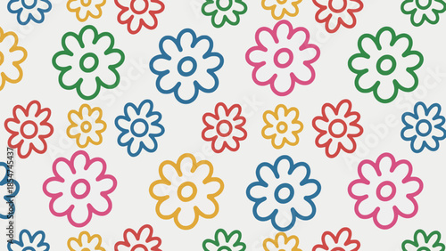 Playful and vibrant seamless pattern featuring an array of hand-drawn outline flowers in cheerful colors, creating a delightful and energetic decorative background