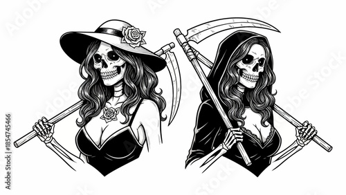 Halloween Female Skeletons with Grim Reapers Scythes, Mysterious and Eerie Artistic Illustrations