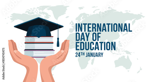 Hands gently support a stack of books with a graduation cap celebrating International Day of Education globally